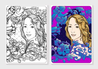 Portrait of a woman inspired by a painting by Renaissance artist Botticelli. Coloring page for the adult coloring book. In baroque, rococo, victorian, renaissance style. Vector illustration clipart