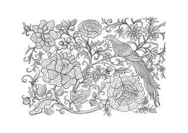 Fantezi çiçekler ve sülün kuşu retro, vintage, kadife işlemeli Çin ipeği Clip sanatı, tasarım vektörü çizimi için elementler seti.