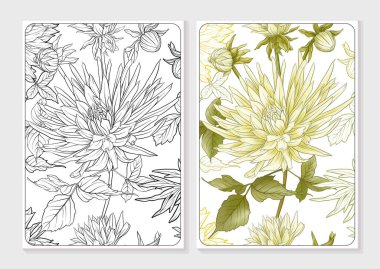 Dahlia çiçekleri, özet ve renkli, botanik tarzında. Yetişkin boyama kitabı için renkli örnekle boyama sayfası. Vektör illüstrasyonu.