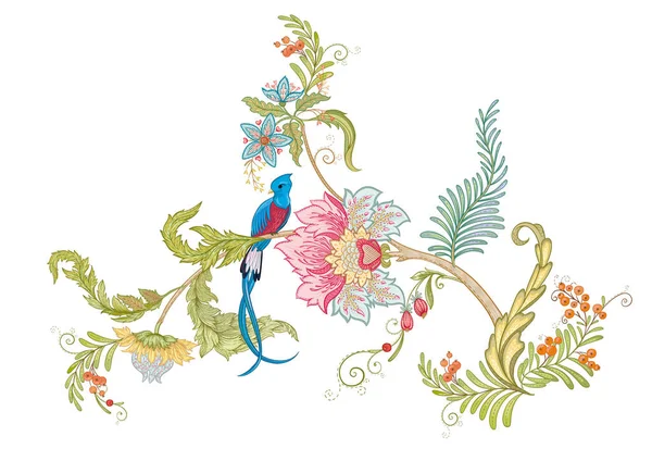 Fantasy Flowers Bird Paradise Quezal Retro Vintage Jacobean Embroidery Style — Image vectorielle