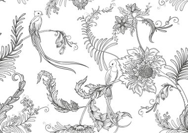 Cennet kuşuyla süslü fantezi çiçekleri eski moda, eski moda, jakoben nakış tarzında. Kusursuz desen, arka plan. Vektör illüstrasyonu.