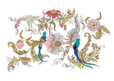 Cennet kuşuyla süslü fantezi çiçekleri eski moda, eski moda, jakoben nakış tarzında. Clip sanatı, tasarım Vektörü illüstrasyonu için elementler kümesi.