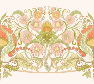 Dekoratif çiçekler ve yapraklar sanat tarzında yeni moda, eski, eski moda. Kusursuz desen, arka plan. Vektör illüstrasyonu.