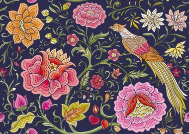 Fantezi çiçekler ve nostaljik sülün kuşu, eski moda, kadife işlemeli Çin ipeği. Kusursuz desen, arka plan. Vektör illüstrasyonu.