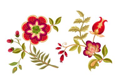 Eski moda fantezi çiçekleri, eski moda, jakoben nakış tarzı. Tasarım elementi. Vektör illüstrasyonu.