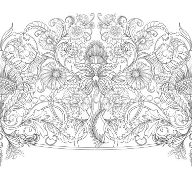 Decorative flowers and leaves in art nouveau style, vintage, old, retro style. Seamless pattern, background. Vector illustration. Seamless pattern, background.