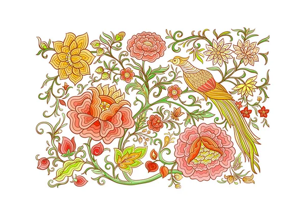 Fantezi çiçekler ve sülün kuşu retro, vintage, kadife işlemeli Çin ipeği Clip sanatı, tasarım vektörü çizimi için elementler seti.