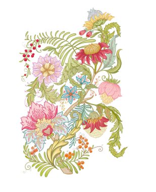 Eski moda fantezi çiçekleri, eski moda, jakoben nakış tarzı. Clip sanatı, tasarım Vektörü illüstrasyonu için elementler kümesi.