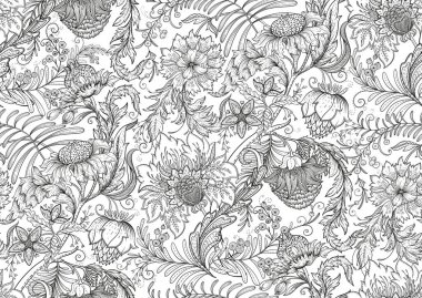 Eski moda fantezi çiçekleri, eski moda, jakoben nakış tarzı. Kusursuz desen, arka plan. Vektör illüstrasyonu.