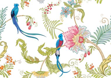 Cennet kuşuyla süslü fantezi çiçekleri eski moda, eski moda, jakoben nakış tarzında. Kusursuz desen, arka plan. Vektör illüstrasyonu.
