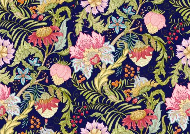 Eski moda fantezi çiçekleri, eski moda, jakoben nakış tarzı. Kusursuz desen, arka plan. Vektör illüstrasyonu.