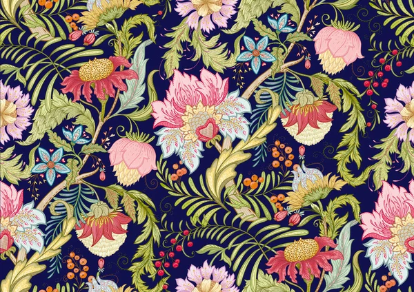Eski moda fantezi çiçekleri, eski moda, jakoben nakış tarzı. Kusursuz desen, arka plan. Vektör illüstrasyonu.