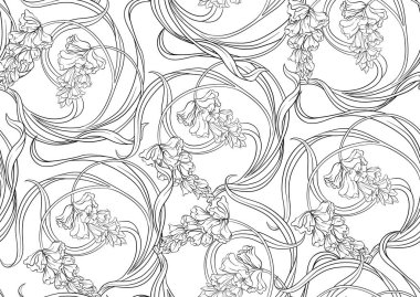 Dekoratif çiçekler ve yapraklar sanat tarzında yeni moda, eski, eski moda. Kusursuz desen, arka plan. Vektör çizimi. Yeni sanat tarzında, eski, eski, eski tarzda..