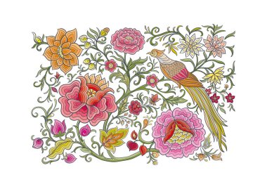 Fantezi çiçekler ve sülün kuşu retro, vintage, kadife işlemeli Çin ipeği Clip sanatı, tasarım vektörü çizimi için elementler seti.