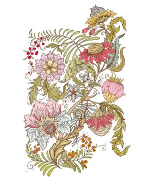 Eski moda fantezi çiçekleri, eski moda, jakoben nakış tarzı. Clip sanatı, tasarım Vektörü illüstrasyonu için elementler kümesi.