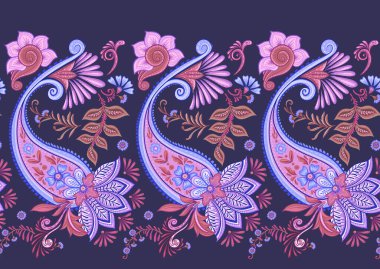 Fantasy flowers in retro, vintage, jacobean embroidery style. Paisley seamless pattern, background. Vector illustration on blue background.