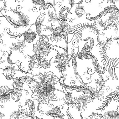 Cennet kuşuyla süslü fantezi çiçekleri eski moda, eski moda, jakoben nakış tarzında. Kusursuz desen, arka plan. Vektör illüstrasyonu.