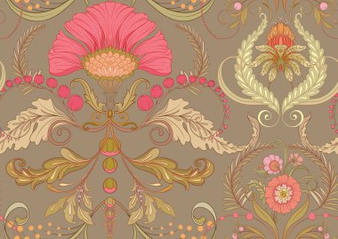 Dekoratif çiçekler ve yapraklar sanat tarzında yeni moda, eski, eski moda. Kusursuz desen, arka plan. Vektör illüstrasyonu.