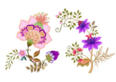 Eski moda fantezi çiçekleri, eski moda, jakoben nakış tarzı. Tasarım elementi. Vektör illüstrasyonu.