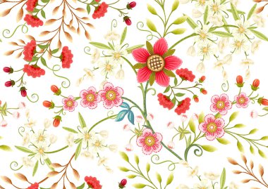 Eski moda fantezi çiçekleri, eski moda, jakoben nakış tarzı. Kusursuz desen, arka plan. Vektör illüstrasyonu.