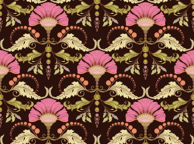 Dekoratif çiçekler ve yapraklar sanat tarzında yeni moda, eski, eski moda. Kusursuz desen, arka plan. Vektör illüstrasyonu.