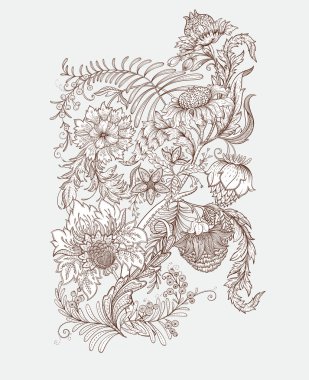 Eski moda fantezi çiçekleri, eski moda, jakoben nakış tarzı. Clip sanatı, tasarım Vektörü illüstrasyonu için elementler kümesi.