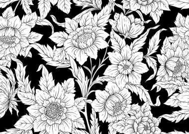 Decorative flowers and leaves in art nouveau style, vintage, old, retro style. Seamless pattern, background. Vector illustration in black and white