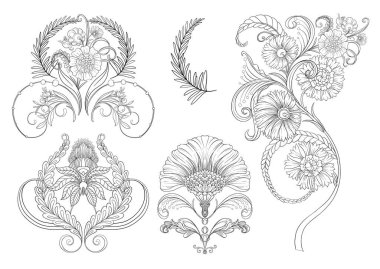 Dekoratif çiçekler ve yapraklar sanat tarzında yeni moda, eski, eski moda. Vektör çizimi. Clip sanatı, tasarım için elementler kümesi