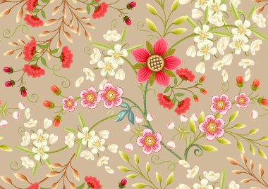 Eski moda fantezi çiçekleri, eski moda, jakoben nakış tarzı. Kusursuz desen, arka plan. Vektör illüstrasyonu.