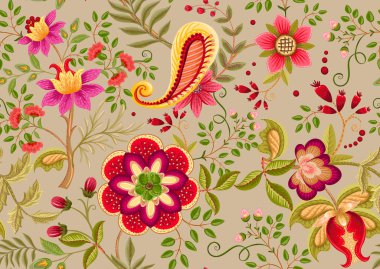 Eski moda fantezi çiçekleri, eski moda, jakoben nakış tarzı. Kusursuz desen, arka plan. Vektör illüstrasyonu.