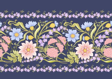 Dekoratif çiçekler ve yapraklar sanat tarzında yeni moda, eski, eski moda. Kusursuz desen, arka plan. Vektör illüstrasyonu.