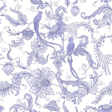Cennet kuşuyla süslü fantezi çiçekleri eski moda, eski moda, jakoben nakış tarzında. Kusursuz desen, arka plan. Vektör illüstrasyonu.
