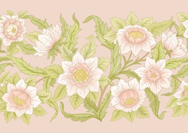 Dekoratif çiçekler ve yapraklar sanat tarzında yeni moda, eski, eski moda. Kusursuz desen, arka plan. Vektör illüstrasyonu.