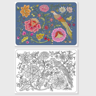 Fantasy flowers and pheasant bird in retro, vintage, chinese silk on velvet embroidery style Coloring page for the adult coloring book. with colored sample. Vector illustration.