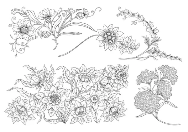 装饰花卉和树叶在艺术新潮风格 复古风格 剪贴画 设计矢量图解的一组元素 — 图库矢量图片