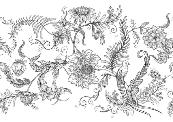 Цветы Птицей Парадизе Кезаль Ретро Винтажной Жакобской Вышивке Бесшовный Рисунок — стоковый вектор