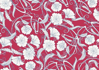 Dekoratif çiçekler ve yapraklar sanat tarzında yeni moda, eski, eski moda. Kusursuz desen, arka plan. Vektör çizimi. Yeni sanat tarzında, eski, eski, eski tarzda..