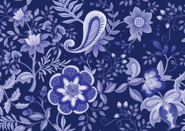 Eski moda fantezi çiçekleri, eski moda, jakoben nakış tarzı. Kusursuz desen, arka plan. Vektör illüstrasyonu.