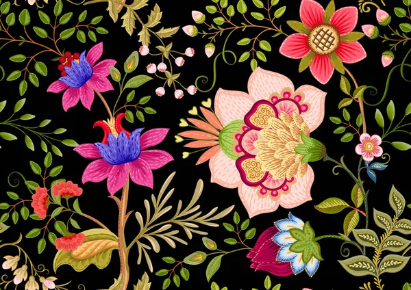 Flores Fantasía Estilo Retro Vintage Bordado Jacobeo Patrón Sin Costuras — Archivo Imágenes Vectoriales