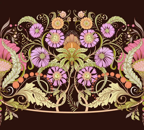 装饰花卉和树叶在艺术新潮风格 复古风格 无缝隙图案 矢量说明 — 图库矢量图片