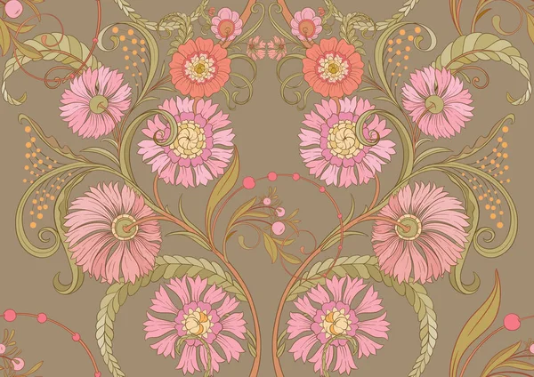 アールヌーボー様式 ヴィンテージ レトロなスタイルの装飾的な花や葉 シームレスなパターン ベクターイラスト — ストックベクタ
