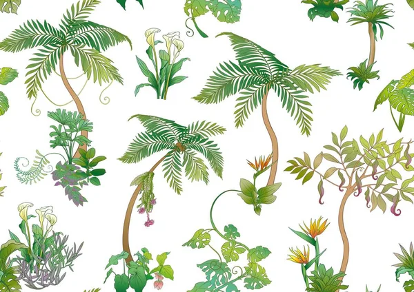 Tropické Rostliny Květiny Vzor Bezešvé Pozadí Vektorové Ilustrace — Stockový vektor