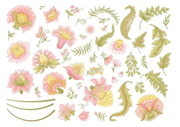 レトロ ヴィンテージ ジャコビアン刺繍スタイルのファンタジー花 クリップアート デザインの要素のセットベクトルイラスト — ストックベクタ