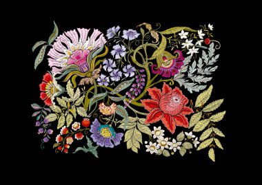 Eski moda fantezi çiçekleri, eski moda, jakoben nakış tarzı. Clip sanatı, tasarım Vektörü illüstrasyonu için elementler kümesi.