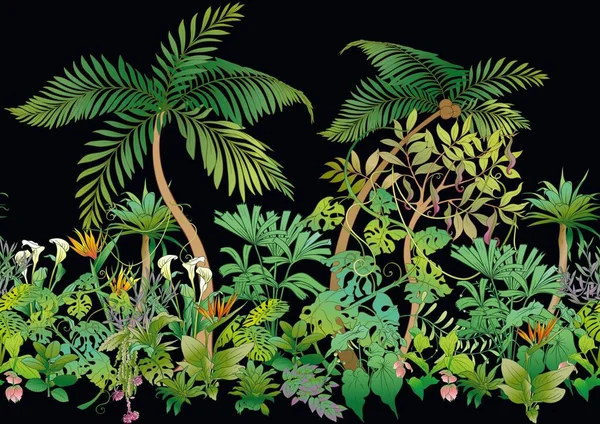 熱帯植物と花です シームレスなパターン ベクトル図 — ストックベクタ