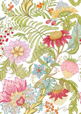 Fantasy flowers in retro, vintage, jacobean embroidery style. Seamless pattern, background. Vector illustration. clipart