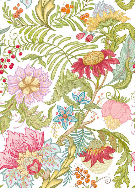 Fantasy flowers in retro, vintage, jacobean embroidery style. Seamless pattern, background. Vector illustration.