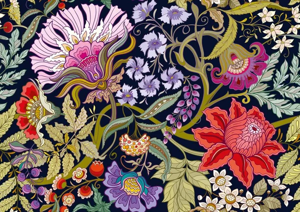Fantasie Bloemen Retro Vintage Jacobische Borduurstijl Naadloos Patroon Achtergrond Vectorillustratie — Stockvector