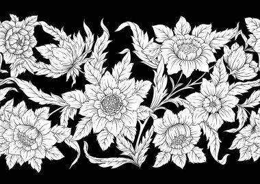 Decorative flowers and leaves in art nouveau style, vintage, old, retro style. Seamless pattern, background. Vector illustration in black and white