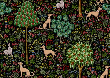 Geleneksel Rönesans halısı desenli çiçekler, ağaçlar ve hayvanlar. Millefleur 'ların moda çiçek tasarımı. Kusursuz desen, arka plan. Vektör illüstrasyonu.